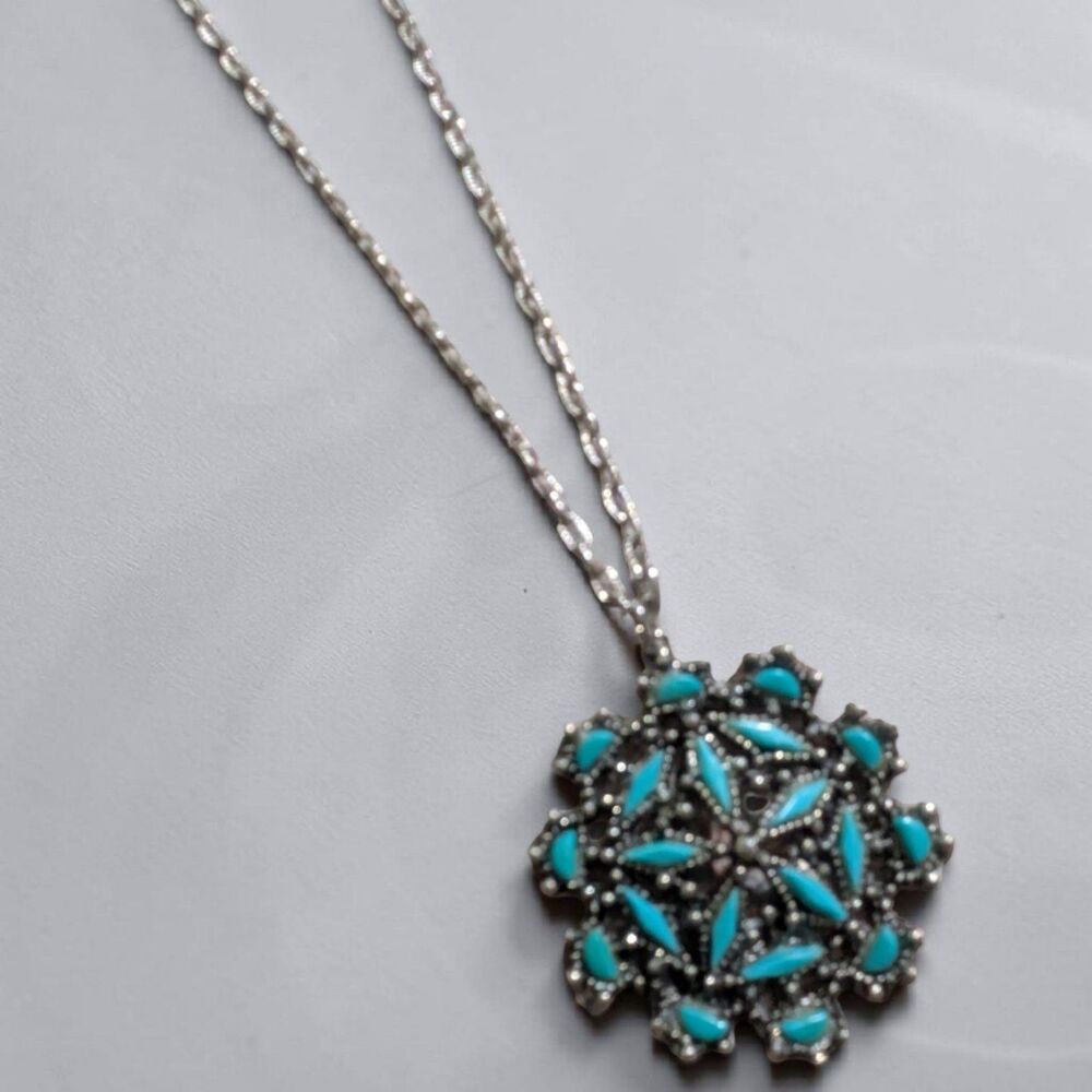 Vintage Turquoise Floral Pendant Necklace, Silver Tone Southwestern Medallion
